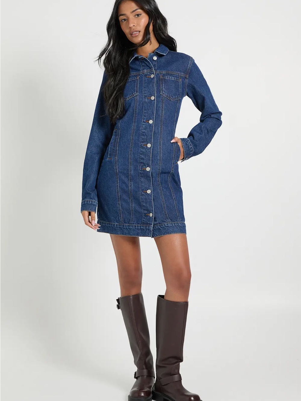 NWT Boohoo Long Denim Dress- Dark Blue - 8 Tall